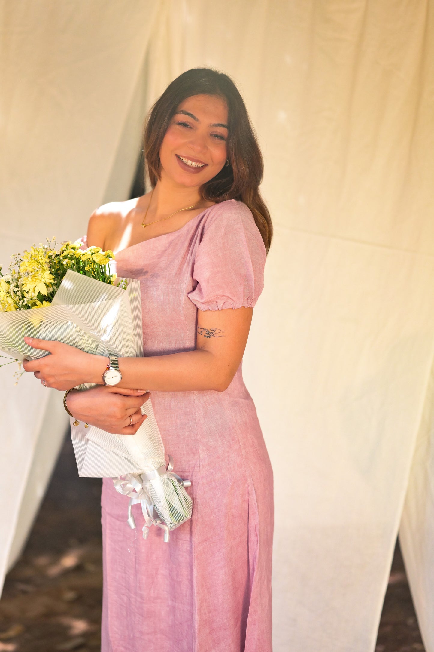 Blush Bloom One-Shoulder Cotton Dress