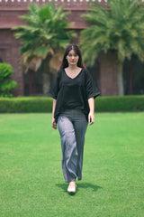 Asymmetrical Hem Poncho Top / High-Waisted Wide-Leg Pants with Side Slits