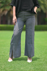 Balloon Sleeve Top / High-Waisted Wide-Leg Pants with Side Slits