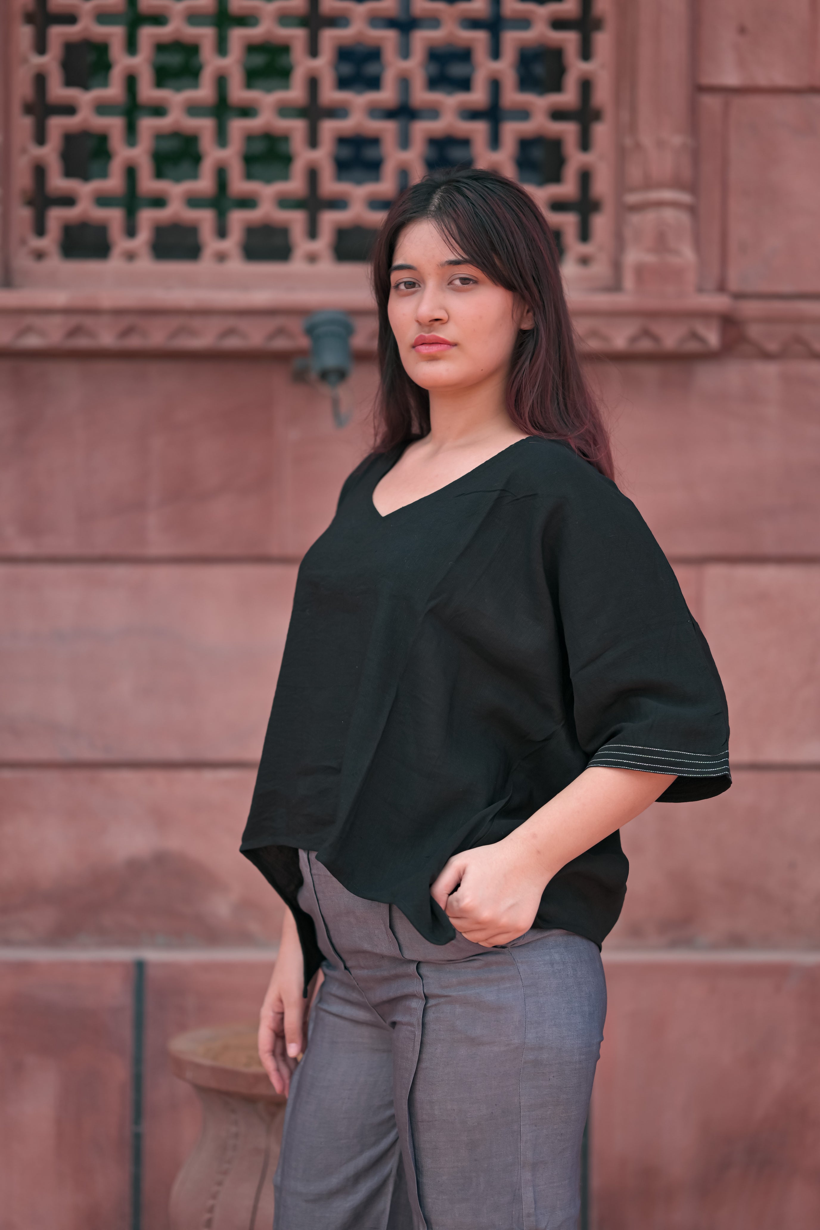 Asymmetrical Hem Poncho Top / High-Waisted Wide-Leg Pants with Side Slits