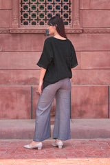 Asymmetrical Hem Poncho Top / High-Waisted Wide-Leg Pants with Side Slits