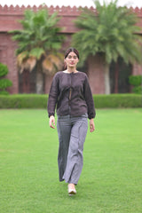 Balloon Sleeve Top / High-Waisted Wide-Leg Pants with Side Slits