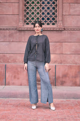 Balloon Sleeve Top / High-Waisted Wide-Leg Pants with Side Slits