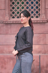 Balloon Sleeve Top / High-Waisted Wide-Leg Pants with Side Slits