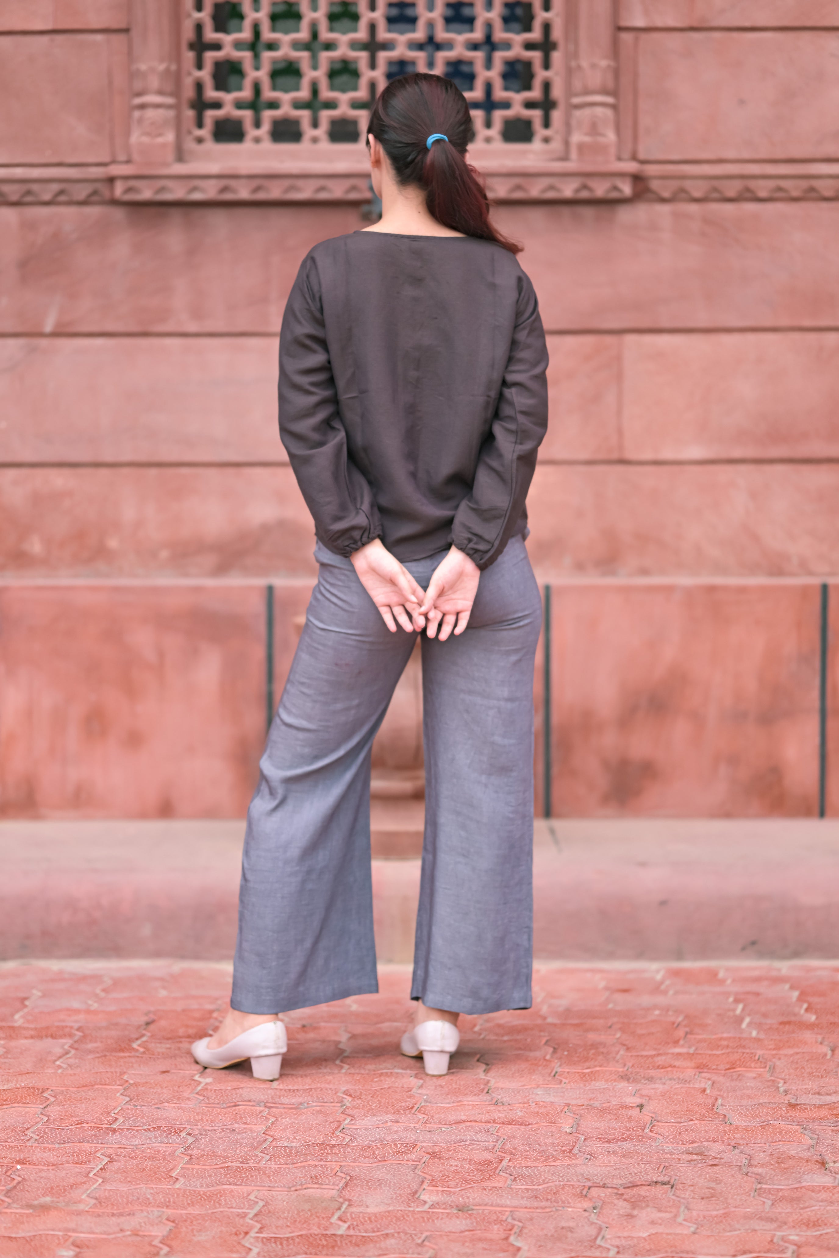 Balloon Sleeve Top / High-Waisted Wide-Leg Pants with Side Slits