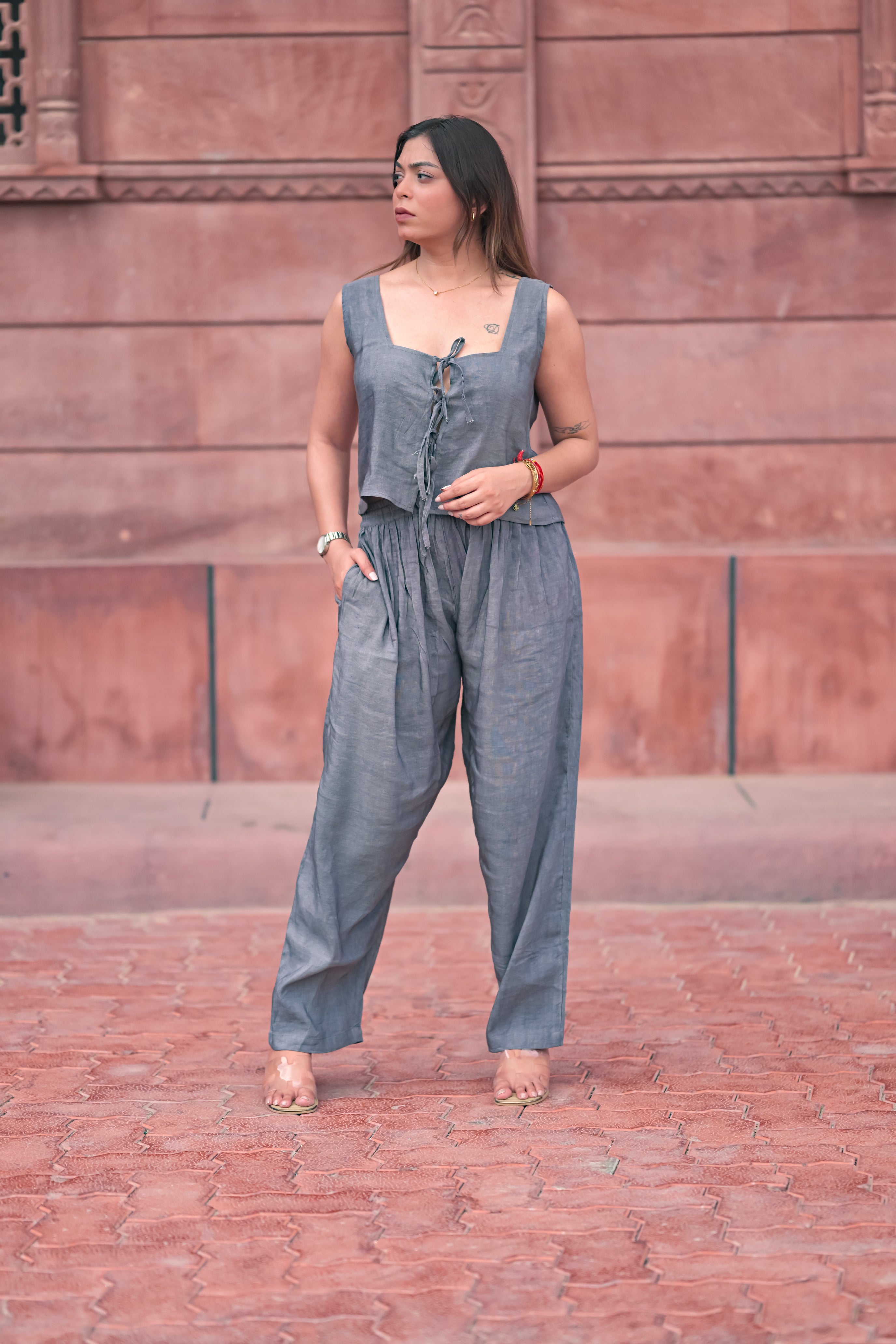 Laced Bodice and Wide-Leg Pants Set