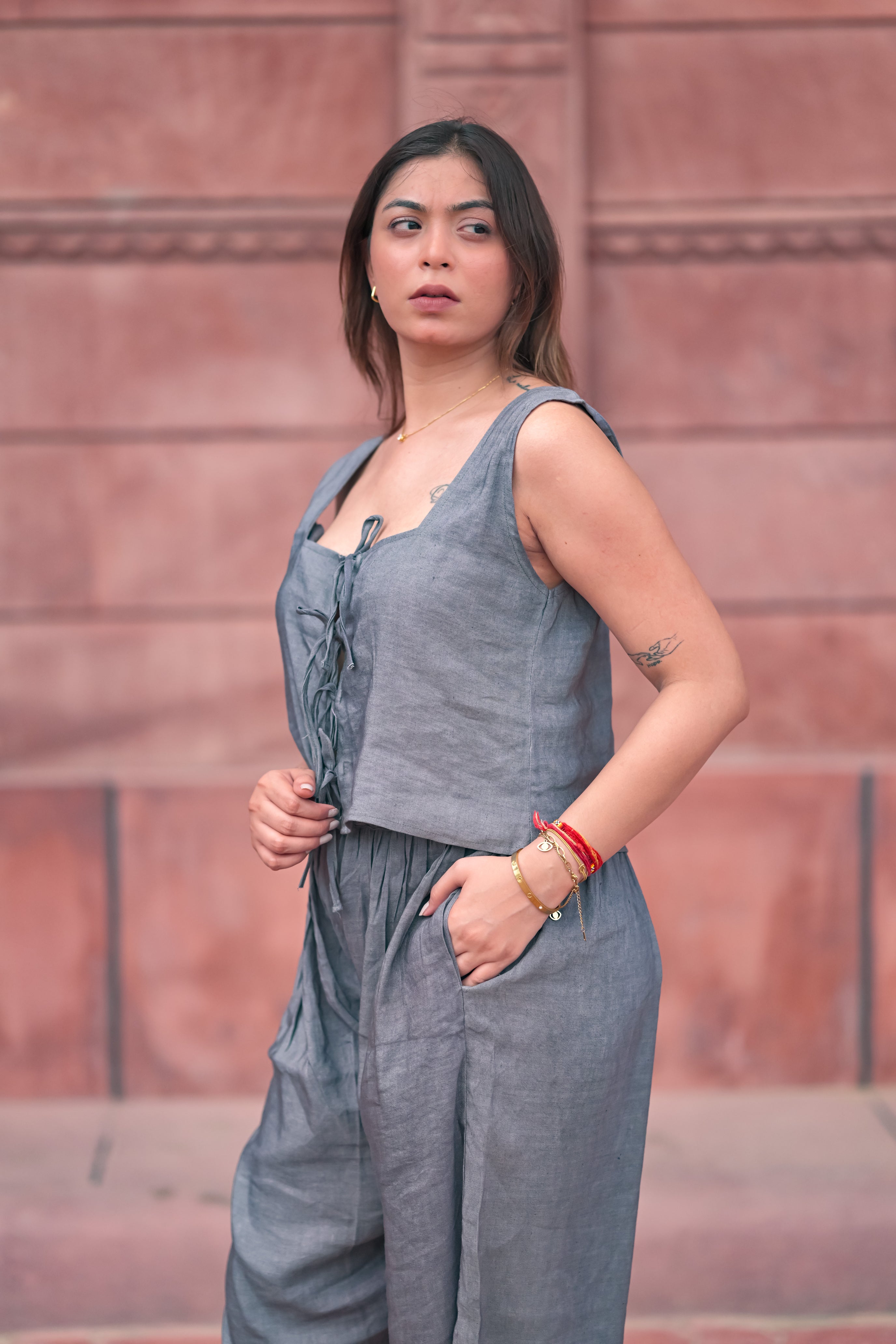 Laced Bodice and Wide-Leg Pants Set
