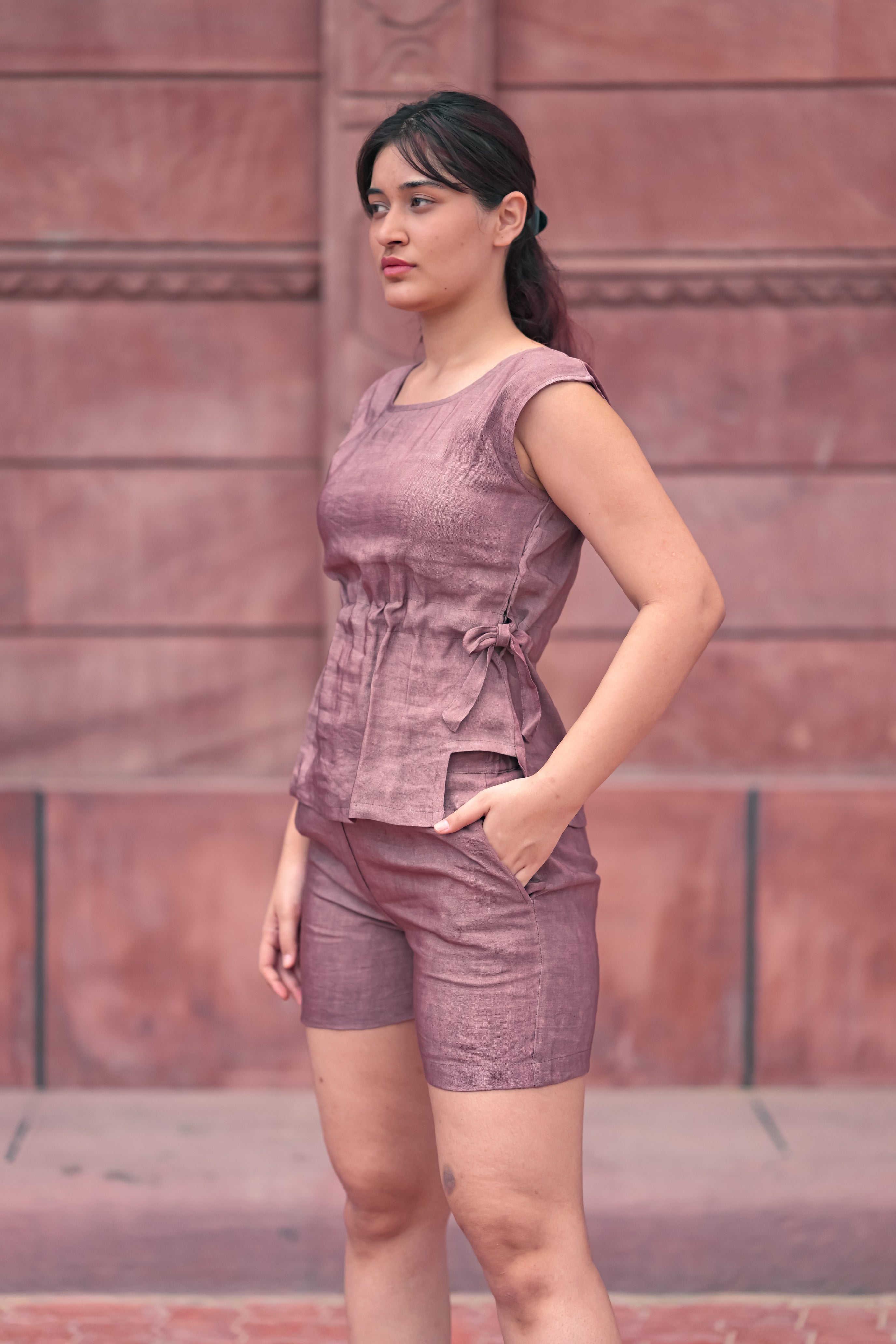Sleeveless Linen Ensemble with Self-Tie Detail and shorts set