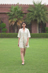 Tie-waist linen long shirt with shorts set