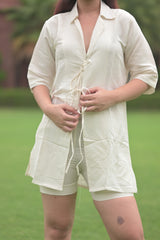 Tie-waist linen long shirt with shorts set