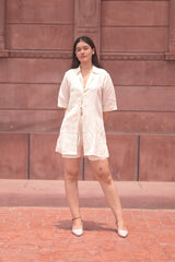 Tie-waist linen long shirt with shorts set
