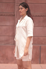 Tie-waist linen long shirt with shorts set
