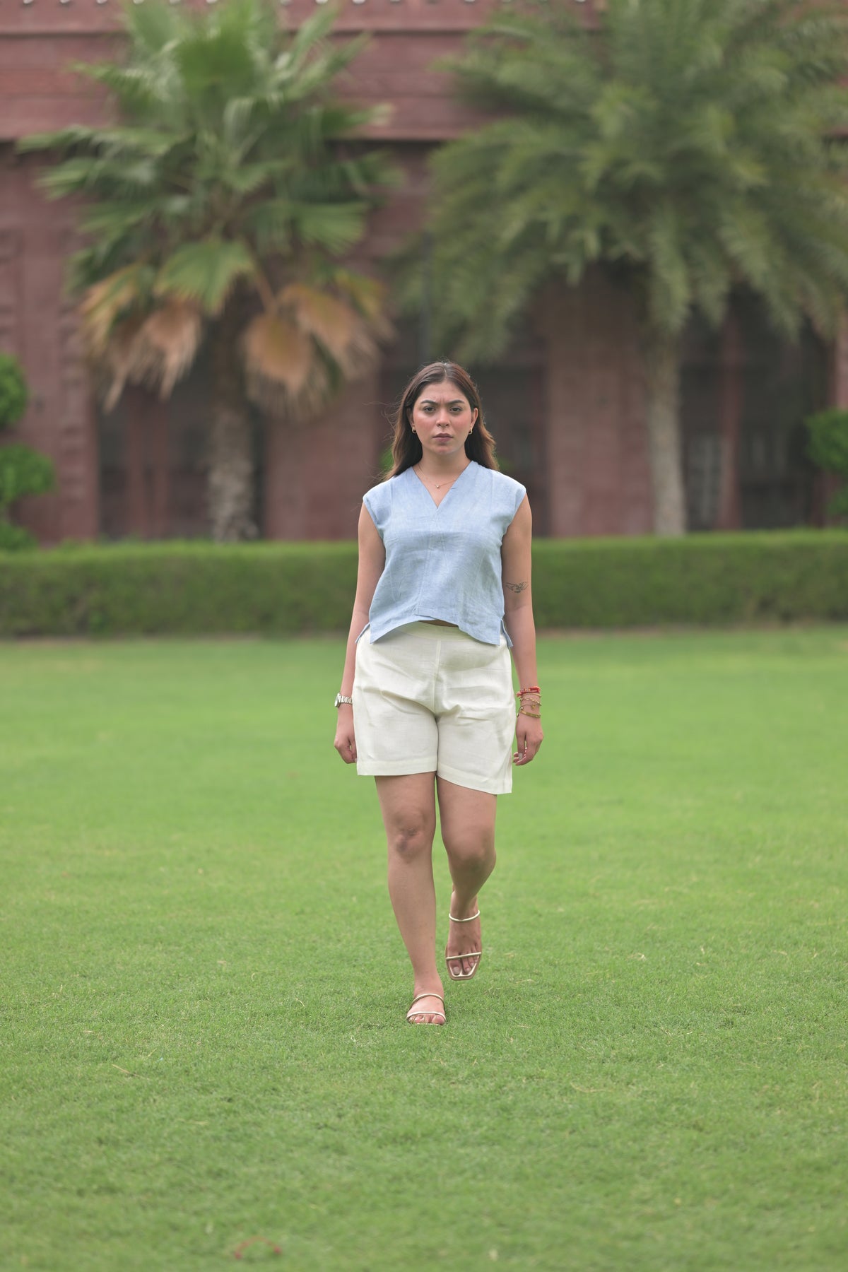 Terracotta Wrap-Style Sleeveless Top / with Chic Shorts