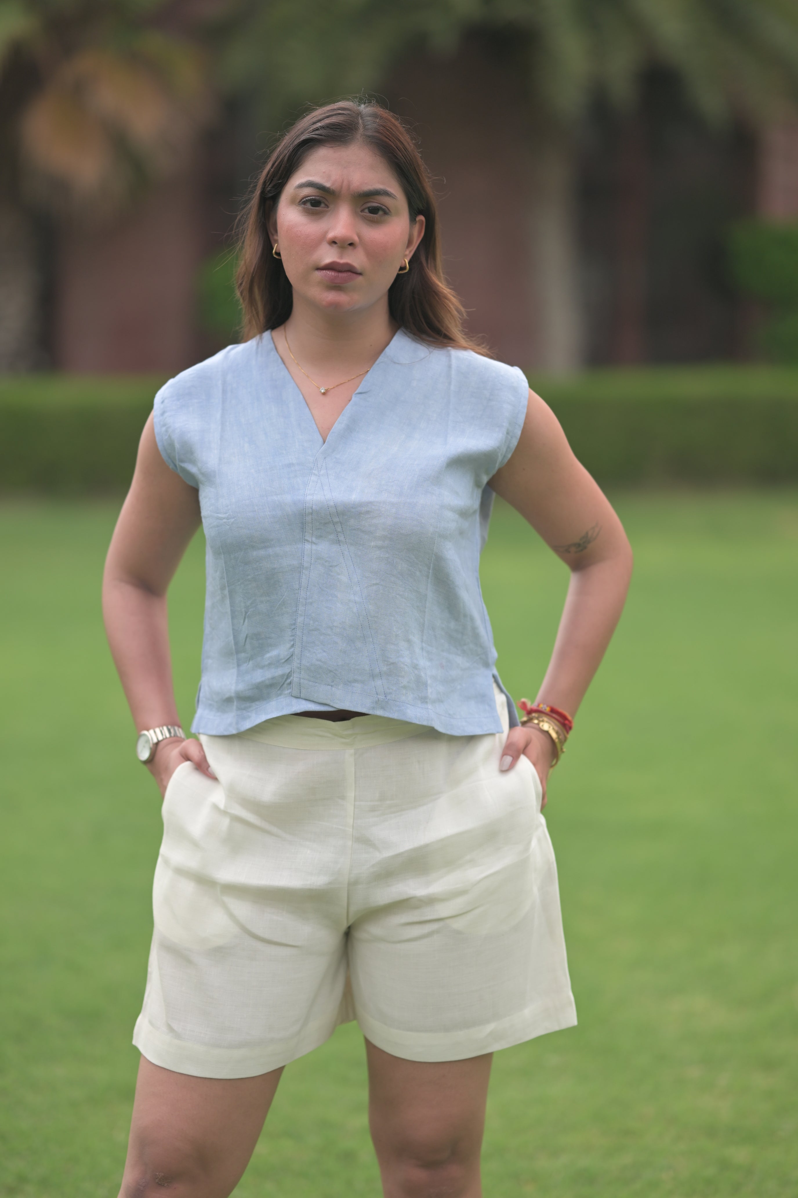Terracotta Wrap-Style Sleeveless Top / with Chic Shorts