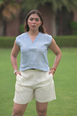 Terracotta Wrap-Style Sleeveless Top / with Chic Shorts
