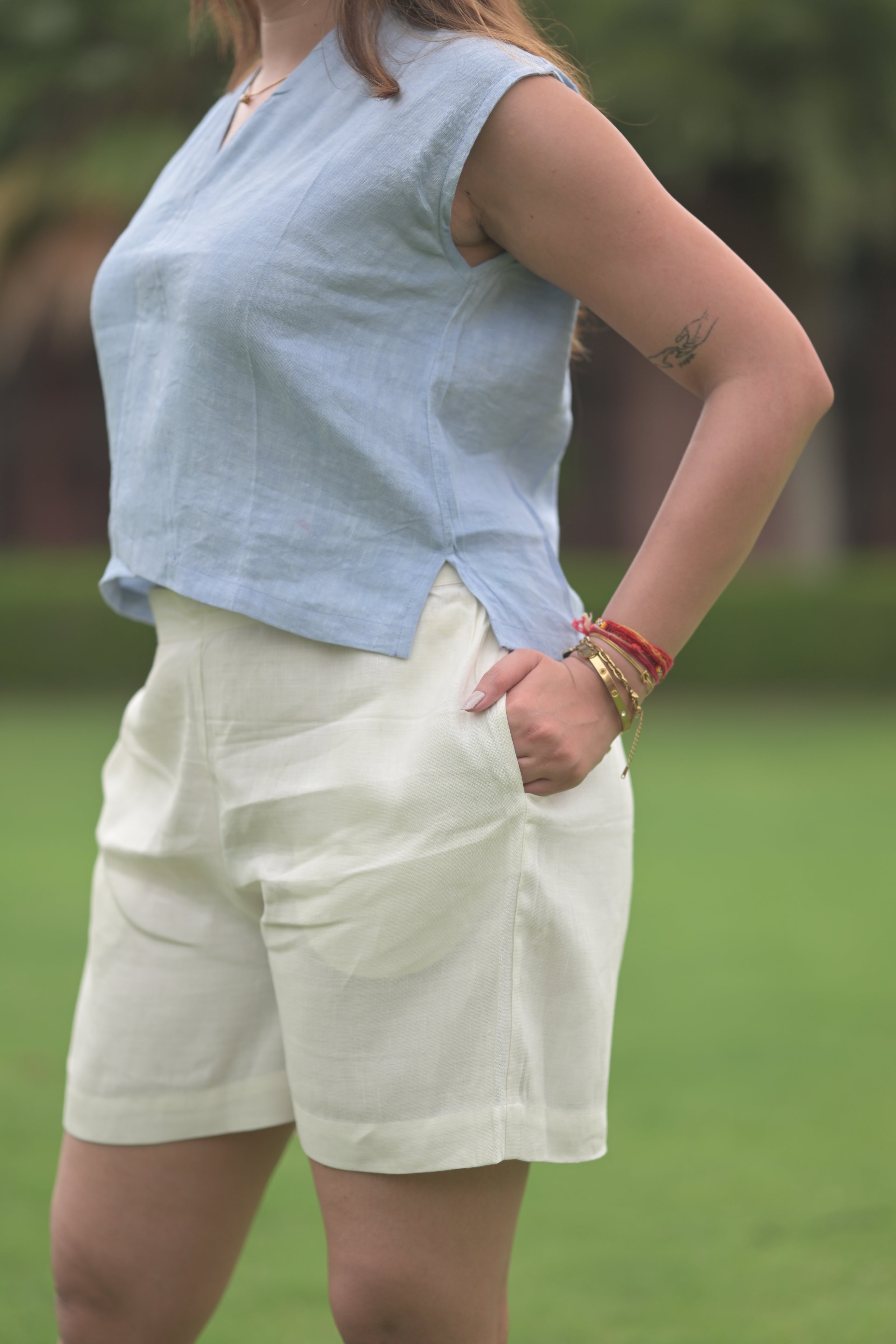 Terracotta Wrap-Style Sleeveless Top / with Chic Shorts