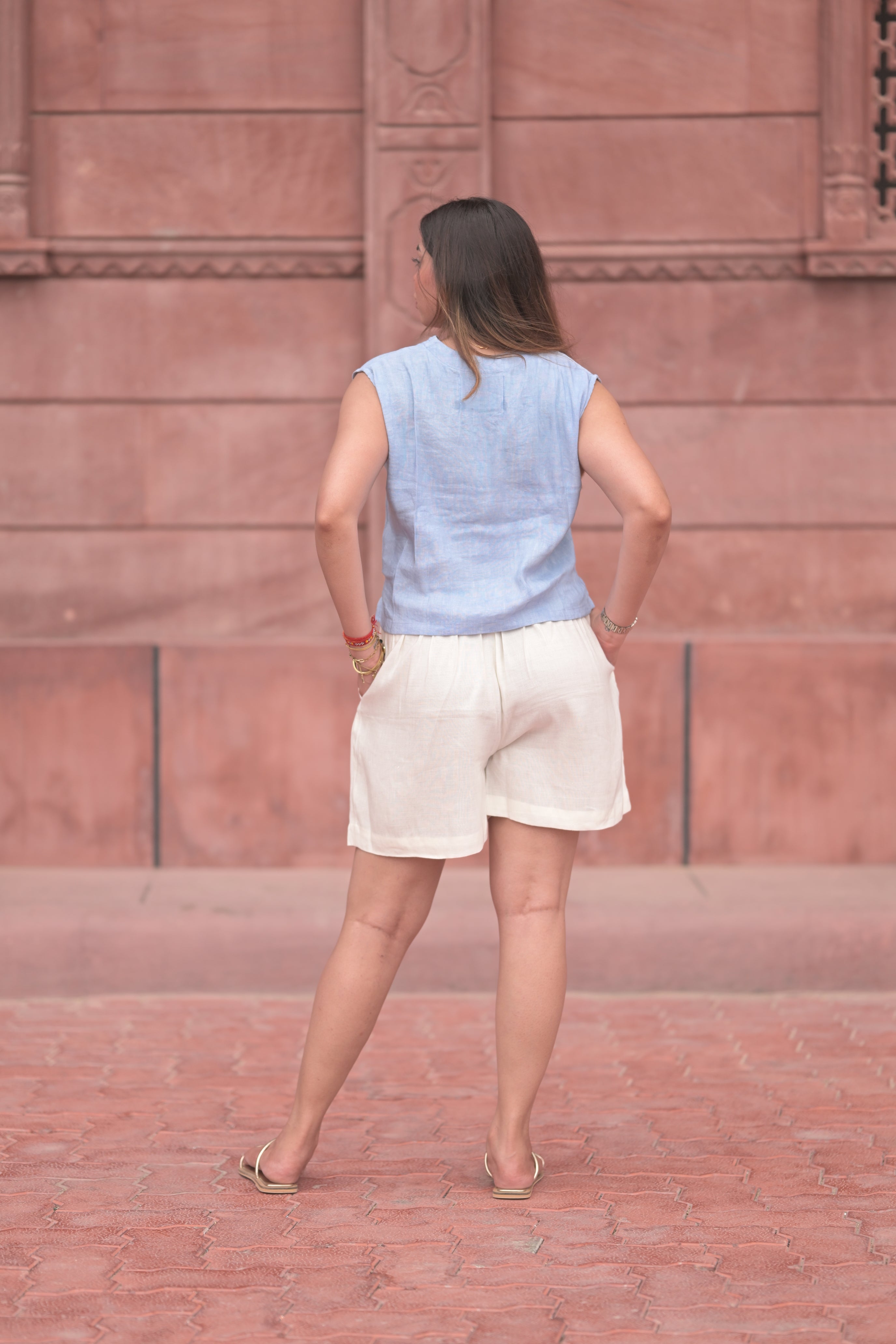 Terracotta Wrap-Style Sleeveless Top / with Chic Shorts