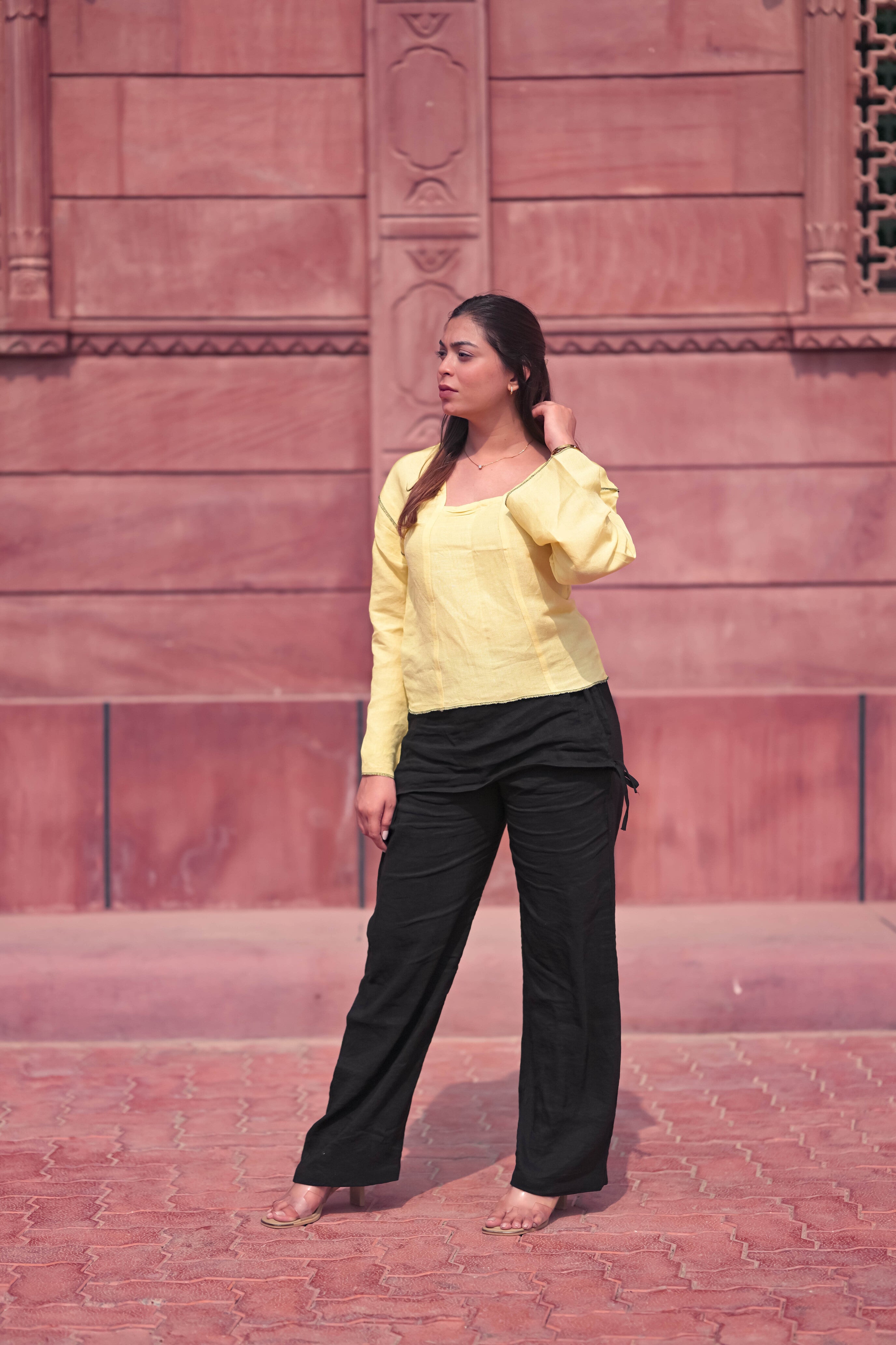 The Mauve Linen Cropped Top with Black  Stitching / Midnight Wrap