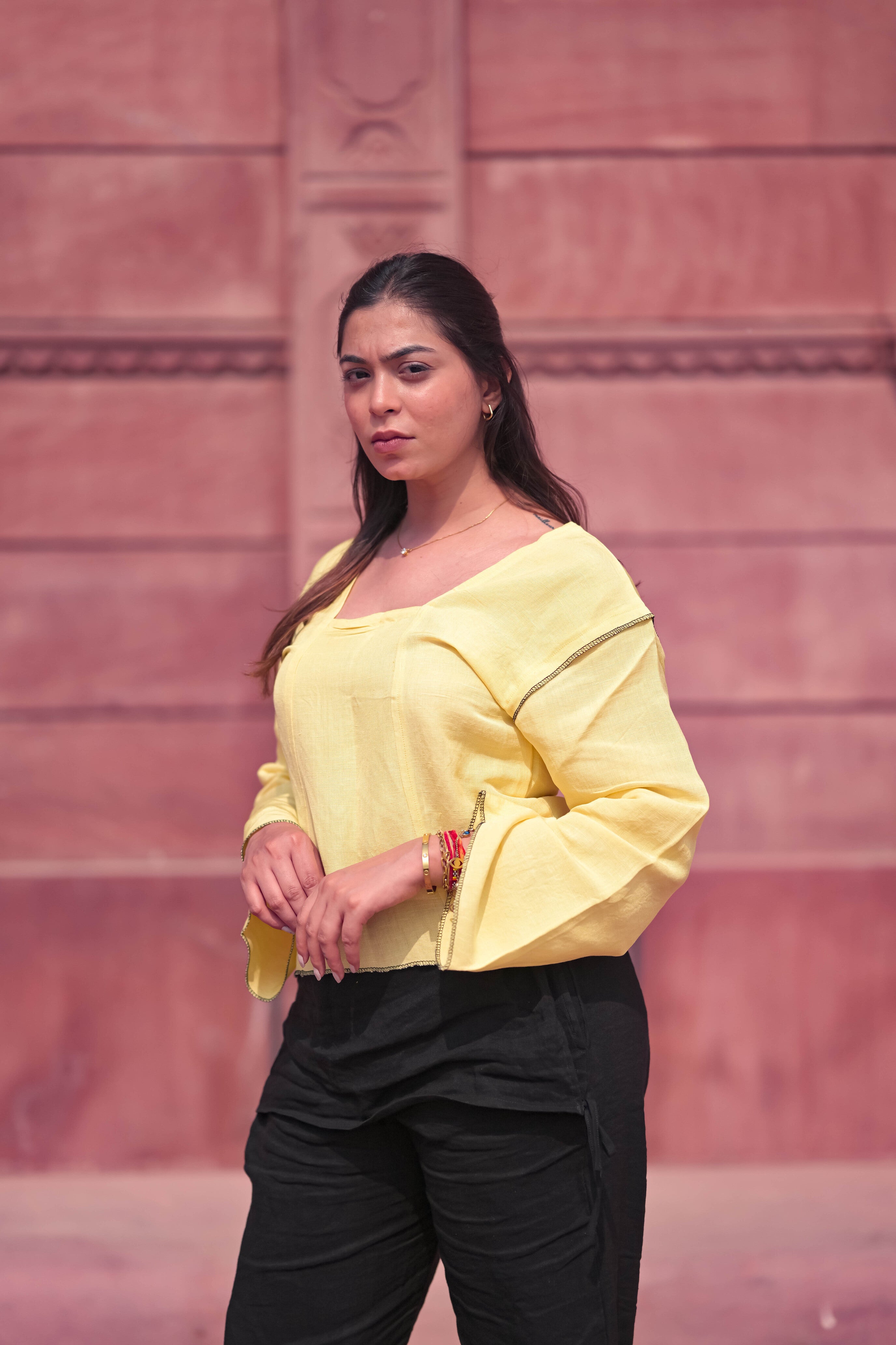 The Mauve Linen Cropped Top with Black  Stitching / Midnight Wrap