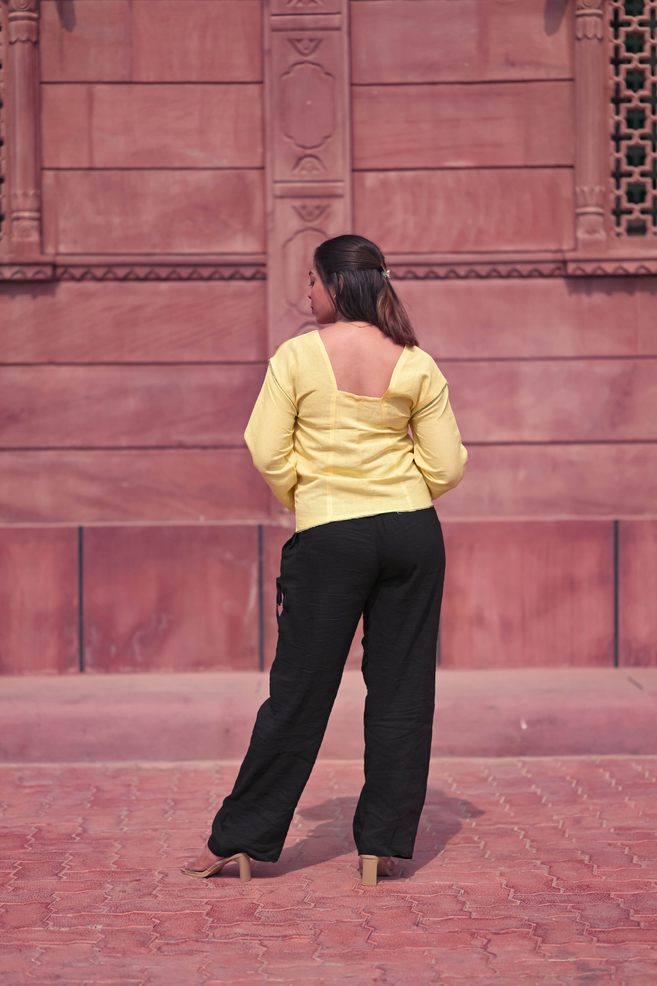 The Mauve Linen Cropped Top with Black  Stitching / Midnight Wrap